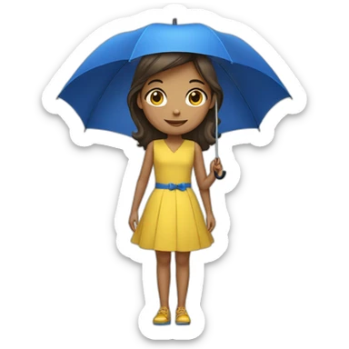 a girl in a yellow dress with a blue umbrella sticker