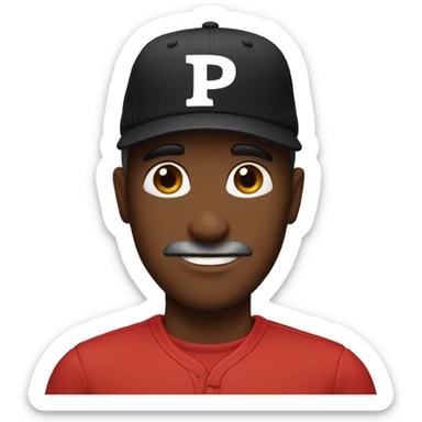 A red skin man with a black cap with 'P' on it sticker