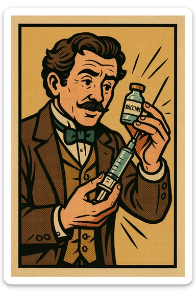 A caring looking victorian doctor holding a vaccination sticker