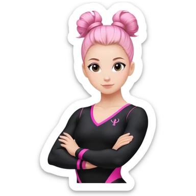 A female gymnast in a black uniform with pink elements and her hair in a neat bun. sticker