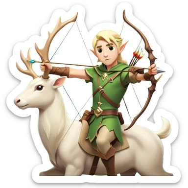 clash-of-clans-aesthetic-blond-male elf-archer-portrait-emoji, rendered in a flat, vector-style with minimal shading and bold holding his bow, simplified shapes, head tilted slightly forward with a determined, focused expression, riding a majestic white stag whose antlers glow with mystical energy, set against an ancient, enchanted forest backdrop. sticker