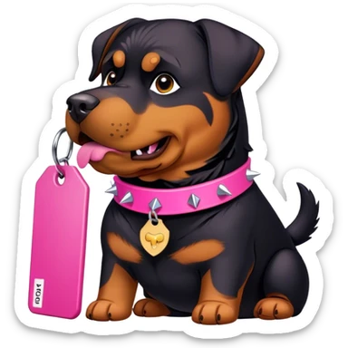 Rottweiler with pink spiked collar and tag that says TONKA sticker