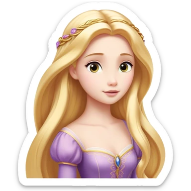 Cinematic Timeless Rapunzel Portrait Emoji, rendered in a clean, vector style. Depict Rapunzel with porcelain skin, beautifully styled long golden hair, and a serene, graceful expression, dressed in her classic gown. The design features bold, clean lines, a soft, magical glow, and a subtle glowing outline that captures her timeless, fairy-tale beauty. sticker