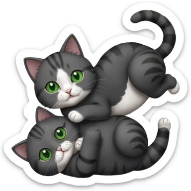 solid dark grey cat with green eyes, white toes/paws and white patch on her chest playfully rolling upside down sticker