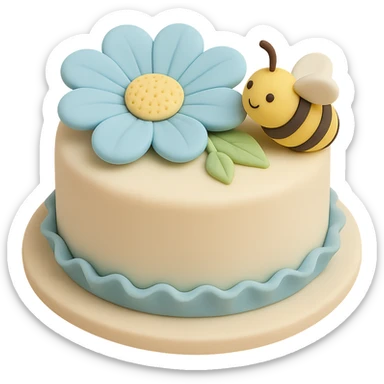 Add a cute bee next to the blue flower in fondant cake art style, keeping the cake-like appearance and colors consistent. sticker