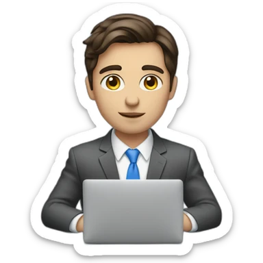 brunet with blue eyes wearing suit typing on a MacBook sticker