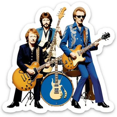 Icon for Blues Rock: collage of the band Cream, with silhouettes of the members (Eric Clapton, Jack Bruce, Ginger Baker) and symbolic items like guitars, drums, and bass. The design should convey the powerful, energetic vibe of the band's music. Transparent background. sticker