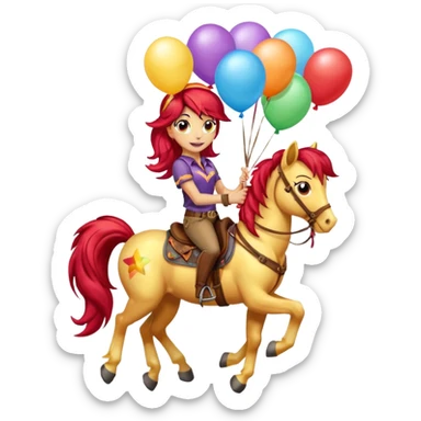 sunset shimmer mlp holding colorful balloons tied to its saddle, looking cheerful. sticker