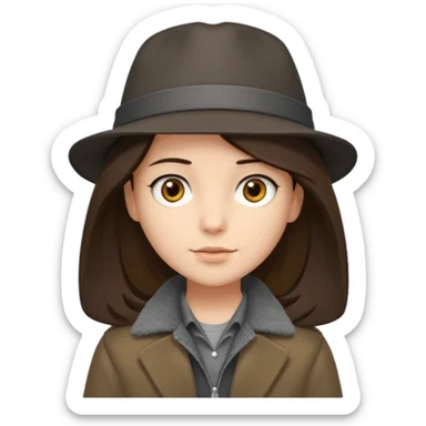 Hobo tomboy with shoulder-length center-parted dark brown hair. brown eyes, dark dull brown coat, grey shirt. Flat crown bolero hat sticker