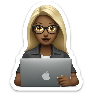 A dark blond woman with thick glasses usng a laptop with her grey cat sticker