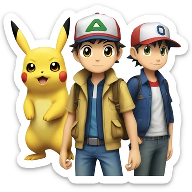 Detective pikachu with ash ketchum and the three kanto starter pokemon sticker