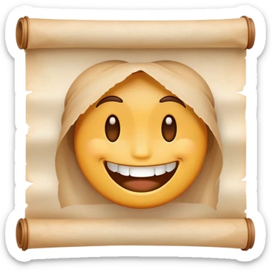 smiling emoji face with a parchment scroll held in teeth, anime-inspired sticker