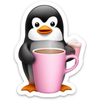 a baby pink penguin drinking hot cocoa  sticker