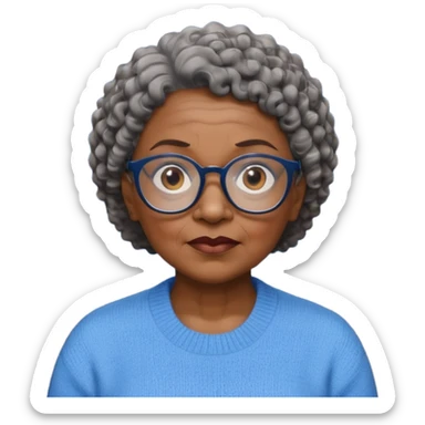 Old black woman, solemn, wearing glasses and blue sweater, short curly hair sticker