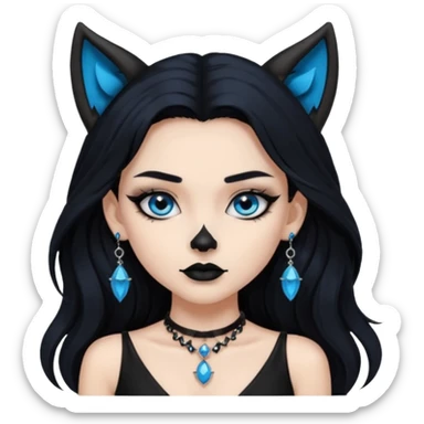 A girl with long black hair and blue eyes, black eyeshadow, black eye liner, mascara, and black lipstick, and black skull earrings. Also a black sexy dress and wolf ears  and a black pendent   sticker