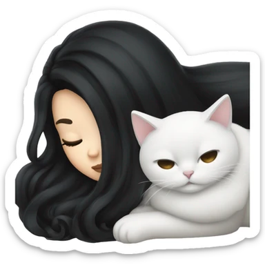 A pretty white girl with very long black hair and sleeping curled up to a white cat  sticker