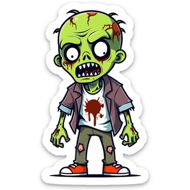 cartoon style zombie, classic tattered clothes, drooling sticker