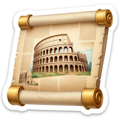 An icon featuring an ancient scroll, surrounded by famous historical landmarks and statues of notable figures, like the Colosseum or Napoleon. The design symbolizes the exploration of history through monuments and people. Transparent background highlights the pas sticker