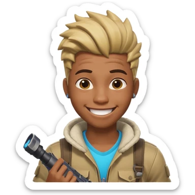 black boy with twists holding in his laugh with Fortnite as the background sticker