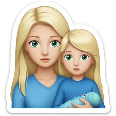 blonde girl with blue-green eyes, lashes, long hair Holding her little Boy with light blue eyes  sticker