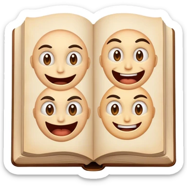 open book with three faces, smiling and happy,one angry, one smiling and happy, one that is okei, natural. sticker