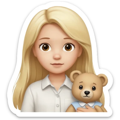 Blonde little girl, long hair, white shirt with beige bear sticker