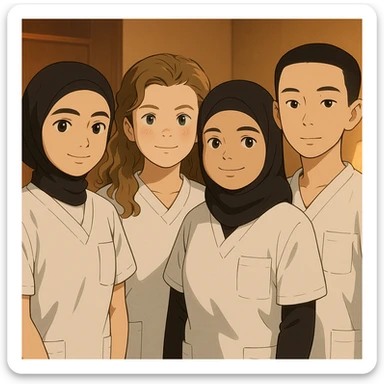 Four nursing students side by side in a warm indoor ambiance, wearing white short-sleeve uniforms without stand-up collars or hijabs under the sleeves, no stethoscopes. Tops are medical tunics with V-neck and left chest pocket. Each student has the face from the provided portraits, in Ghibli style, group composition. sticker
