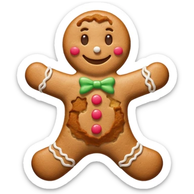 {
    "type": "object",
    "look": "gingerbread man, icing smile, cookie texture, front view",
    "description": "a cheerful gingerbread cookie shaped like a man, smiling with white icing details"
  } sticker