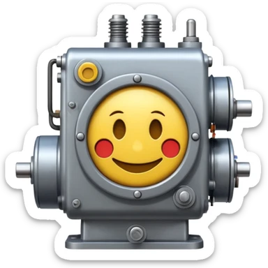 Industrial mechanical motor with a smiley face, emoji for the new electric music genre Motor breaks must be friendly and sellable must be small but clear child friendly, ready to use as a logo, motor synth make sure it's not Cold sticker