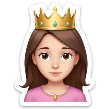 girl with straight brown long hair, brown eyes, pink top, gold crown, subtle birthmark left of nose, festive birthday look sticker
