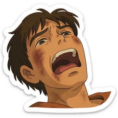 ghibli style dramatic dying face, expressive, no background sticker