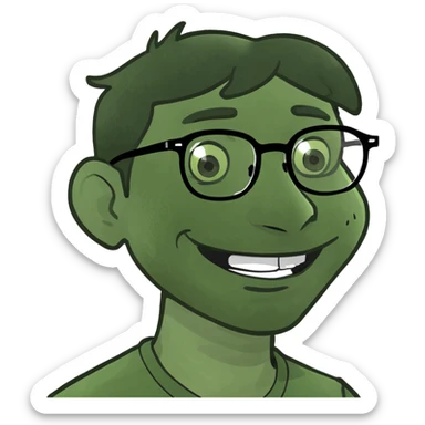 A man with glasses short black hair prominent nose tired looking even though smiling a crazy smile  sticker