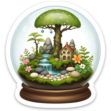 Mystical woodland glass-dome-terrarium-globe with moss inside, with marbles, with pebbles, crystals, with bones inside, and flowers inside  sticker