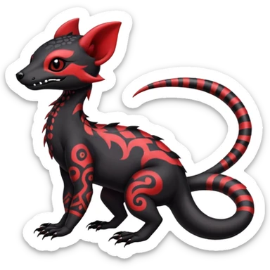 Rare warm-colored exotic gloomy tropical edgy cute epic aesthetic spooky black red gothic colorful Salandit-Noibat-Civet-species-Fakemon-hybrid-creature, with tribal tattoo markings, full body sticker