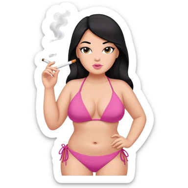 caucasian curvy girl smoking in pink bikini, long straight black hair, sfw pose sticker