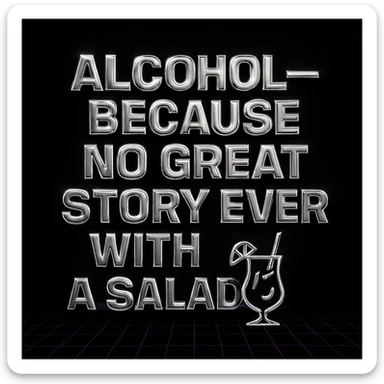 Simplify the vaporwave card: use a minimal neon grid background, one drink icon, and bold chrome text for the quote. Remove extra graphics and keep the color palette clean and limited. sticker