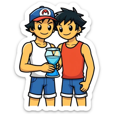 Hot handsome muscular 6ft 5inch tall smiling happy fun shirtless Ash Ketchum hugging his best friend while using a large glass in the shape of a beaker with a wide bottom and long thin neck sticker