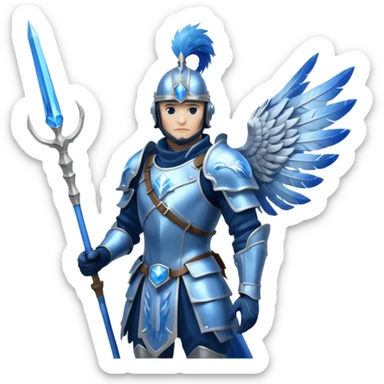 soldat en armure légère de couleur argentée et bleue, presque translucide, tenant une lance ornée d'un cristal. Son casque est stylisé avec des plumes d'oiseau. Il se tient devant un fond de nuages vaporeux. sticker