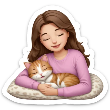girl with wavy long brown hair, brown eyes, light to medium complexion, long lashes, light pink lipstick, smiling, wearing light pink shirt, sleeping on a cozy pillow, cuddling a tabby cat  sticker