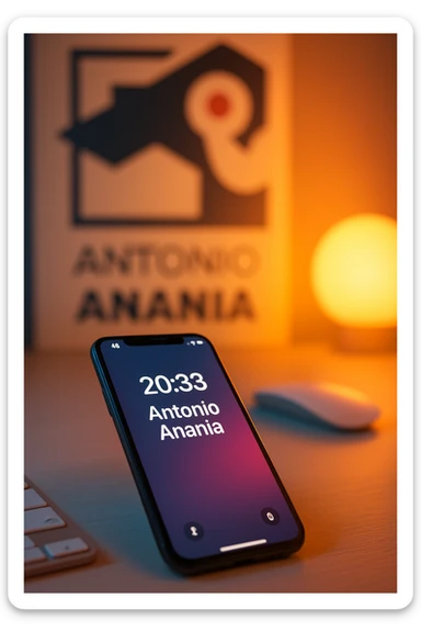 A photo of an iPhone on the desk with the message "Antonio Anania" on its screen, The phone sits atop a desk with a blurred with the logo in the background that suggests work environment. A faint glow from above casts gentle shadows across the surface of each object, creating depth and highlighting their textures sticker