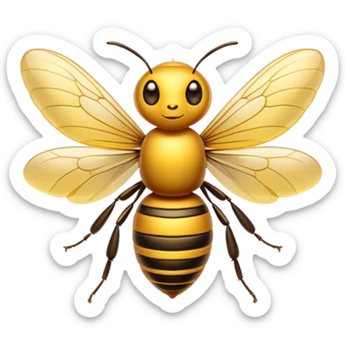 Cinematic Noble Bee Portrait Emoji, Poised and industrious, with a compact, fuzzy body in golden-yellow hues, delicate translucent wings, and a focused, determined expression with sparkling eyes, Simplified yet sharp and sophisticated features, highly detailed, glowing with a soft, sunny radiance, high shine, intelligent and diligent, stylized with an air of natural elegance, focused and alert, soft glowing outline, capturing the essence of a watchful bee that appears ready to buzz out of the screen with effortless authority! sticker