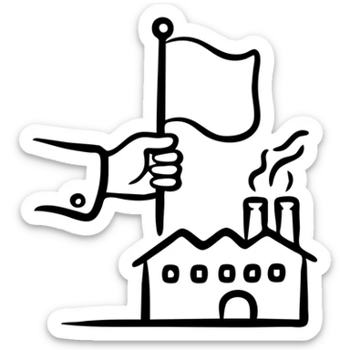 government hand taking control of factory with Indian flag, representing nationalization sticker