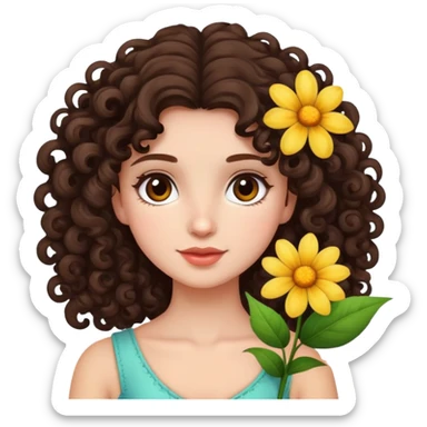 Pretty brunette curly girl with a flower in her hair sticker