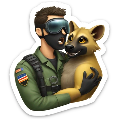 Yellow army Pilot with black mask googles, and then a big hyena kissing kissing him sticker