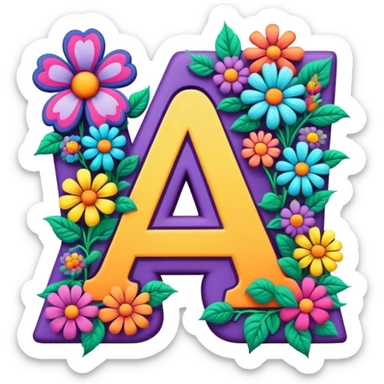 3D, gothic style psychedelic colored Letter A with hippie style flower border sticker