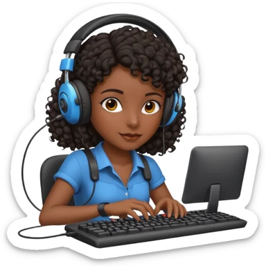 Dark Spanish girl with dark curly hair, wearing a gaming headset and playing with keyboard and mouse   sticker