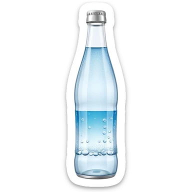 slim clear glass bottle of sparkling water with silver metal cap, visible carbonation bubbles, minimal blank label, soft reflections, clean minimalistic look, 3D rendered, soft lighting, emoji scale sticker