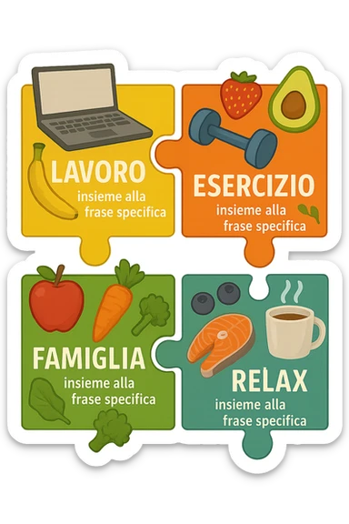 Puzzle (Lavoro, Esercizio, Famiglia, Relax), and healthy foods are integrated into each piece. in italiano sticker