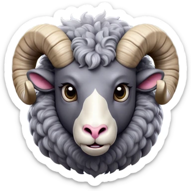 Cinematic Comical Ram Portrait Emoji, Head tilted dramatically with an exaggeratedly amused expression, featuring a striking woolly grey fur with impressively curled horns, wide, expressive dark eyes filled with playful disbelief, Simplified yet hilariously expressive features, highly detailed, glowing with a slightly sassy glow, high shine, dramatic yet playful, stylized with an air of cheeky mischief, bright and endearing, soft glowing outline, capturing the essence of a spirited and over-the-top ram, so meme-worthy it feels like it could butt its way into internet fame instantly! sticker