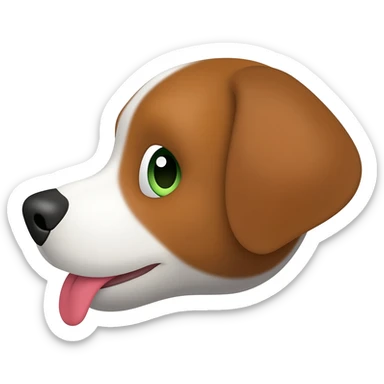 Crea un emoji de un perrito marrón con blanco con las orejas puntiagudas pero caídas y de ojos verdes sacando la lengua Hacia un lado sticker